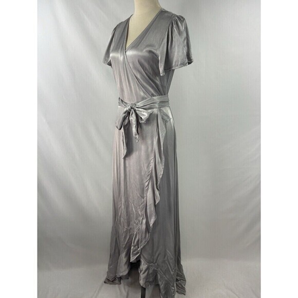 BHLDN Ghost Phoebe Wrap Maxi Dress Silver Grey Small Ruffled Hem Midaxi - Picture 3 of 12